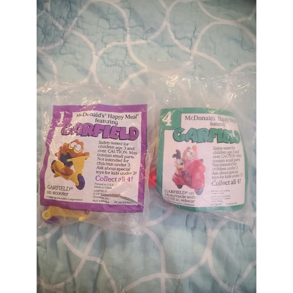 NEW SEALED 1988 McDonald's Happy Meal Garfield Toys – 1 And 4 - Packaging Rough